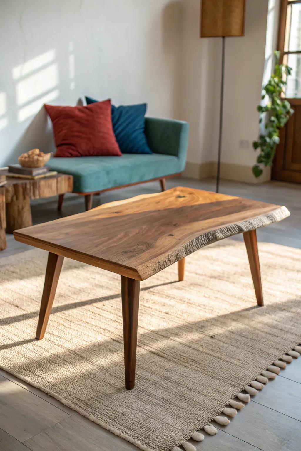 A live-edge low coffee table that anchors floor-cushion lounging with warm, handcrafted charm.