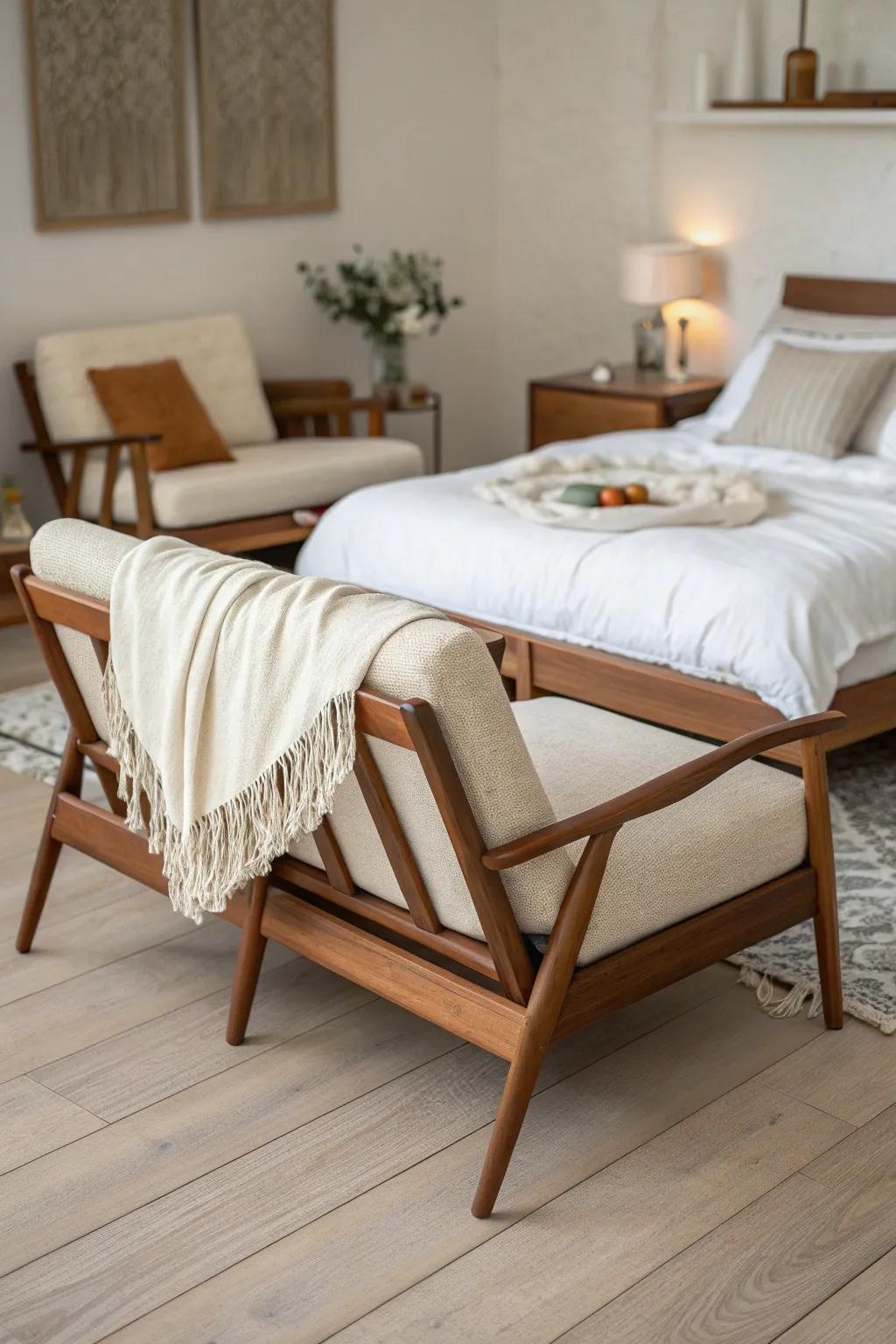 Two matching wooden chairs pushed together create a chic faux loveseat at the end of the bed.