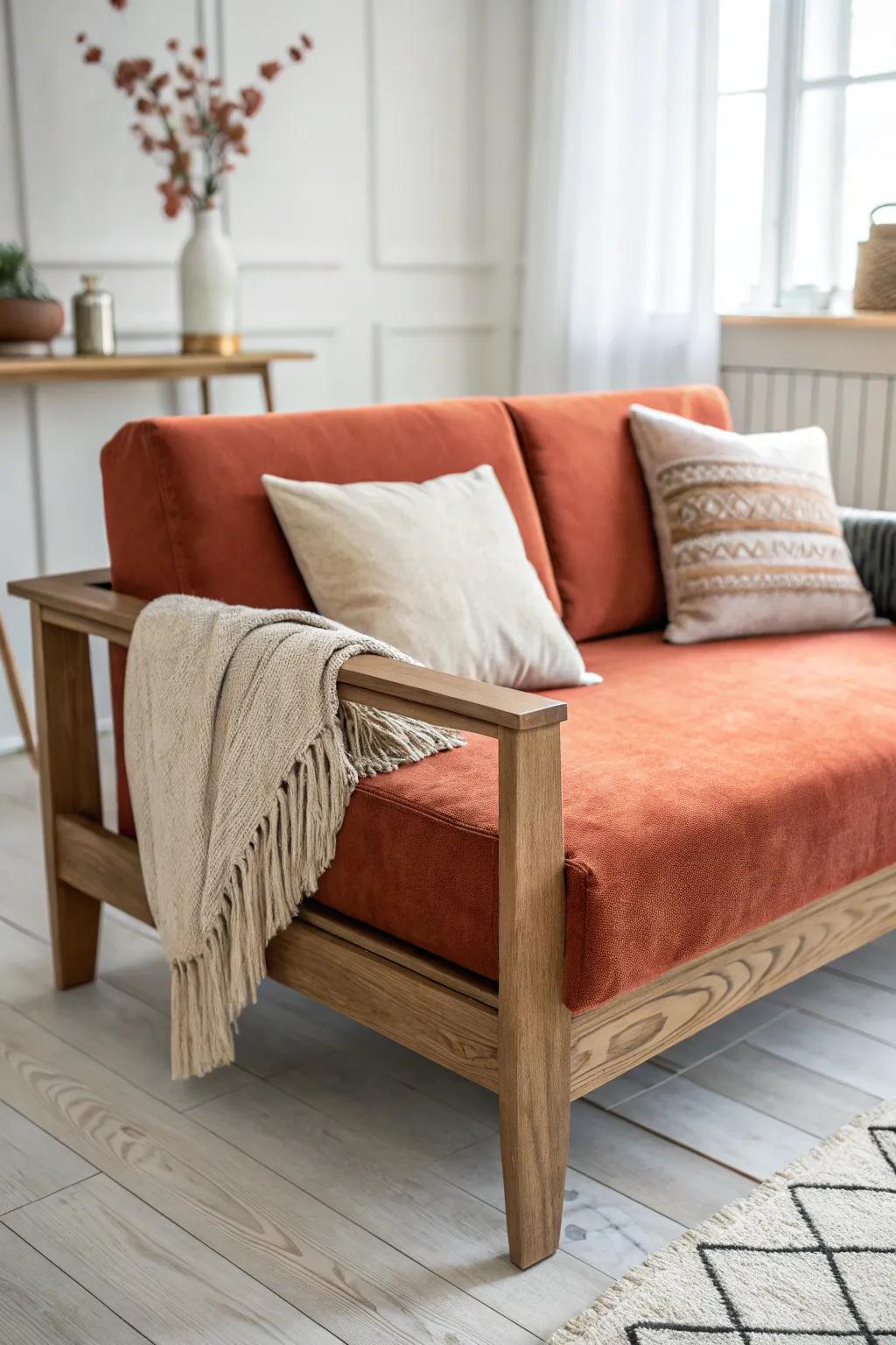 A handcrafted loveseat divider—bold color, pale wood, and a designer way to zone a bedroom.