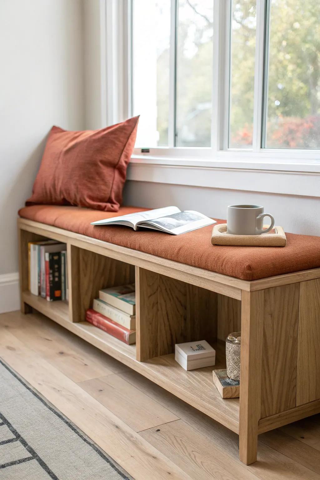 A low bookshelf turned cozy bench—sunlit storage + seating for your favorite reading spot.