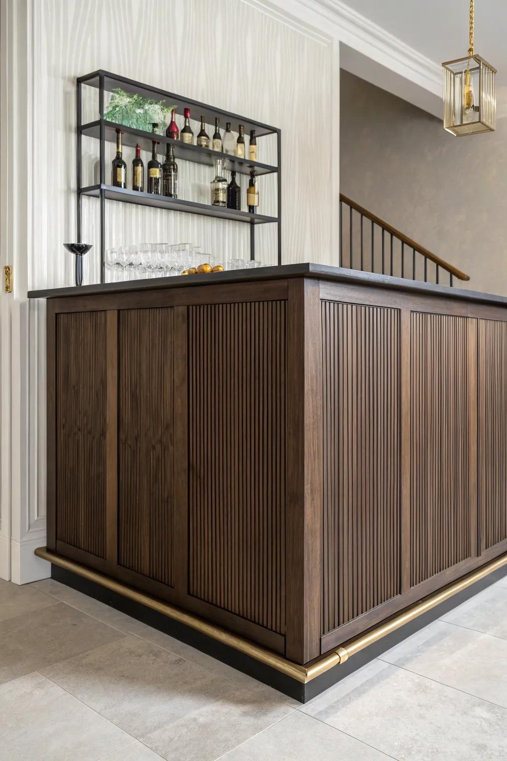 Dark-stained wood with matte metal details—an instant moody, upscale basement bar look.