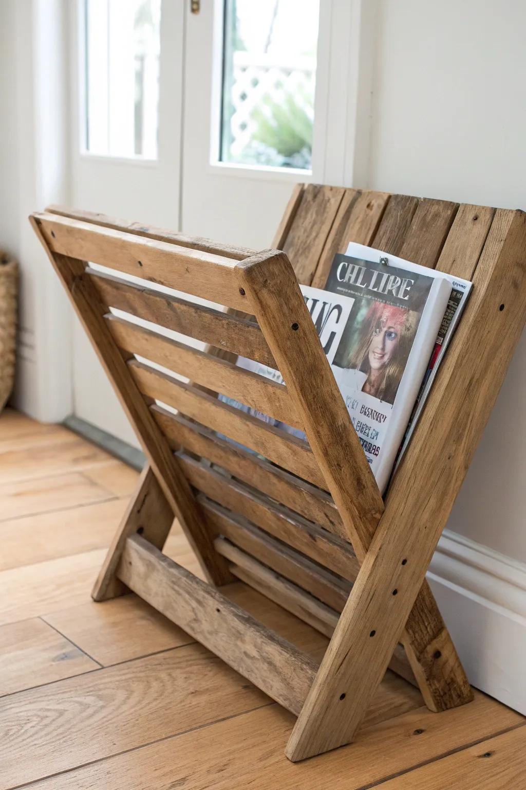 DIY pallet-wood angled rack: rugged grain, clean lines, and a bold terracotta pop.