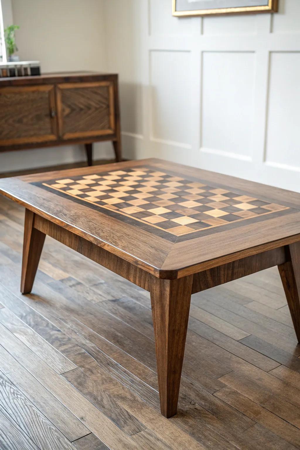 A chunky walnut coffee table with subtle checkerboard inlay—game night, elevated.
