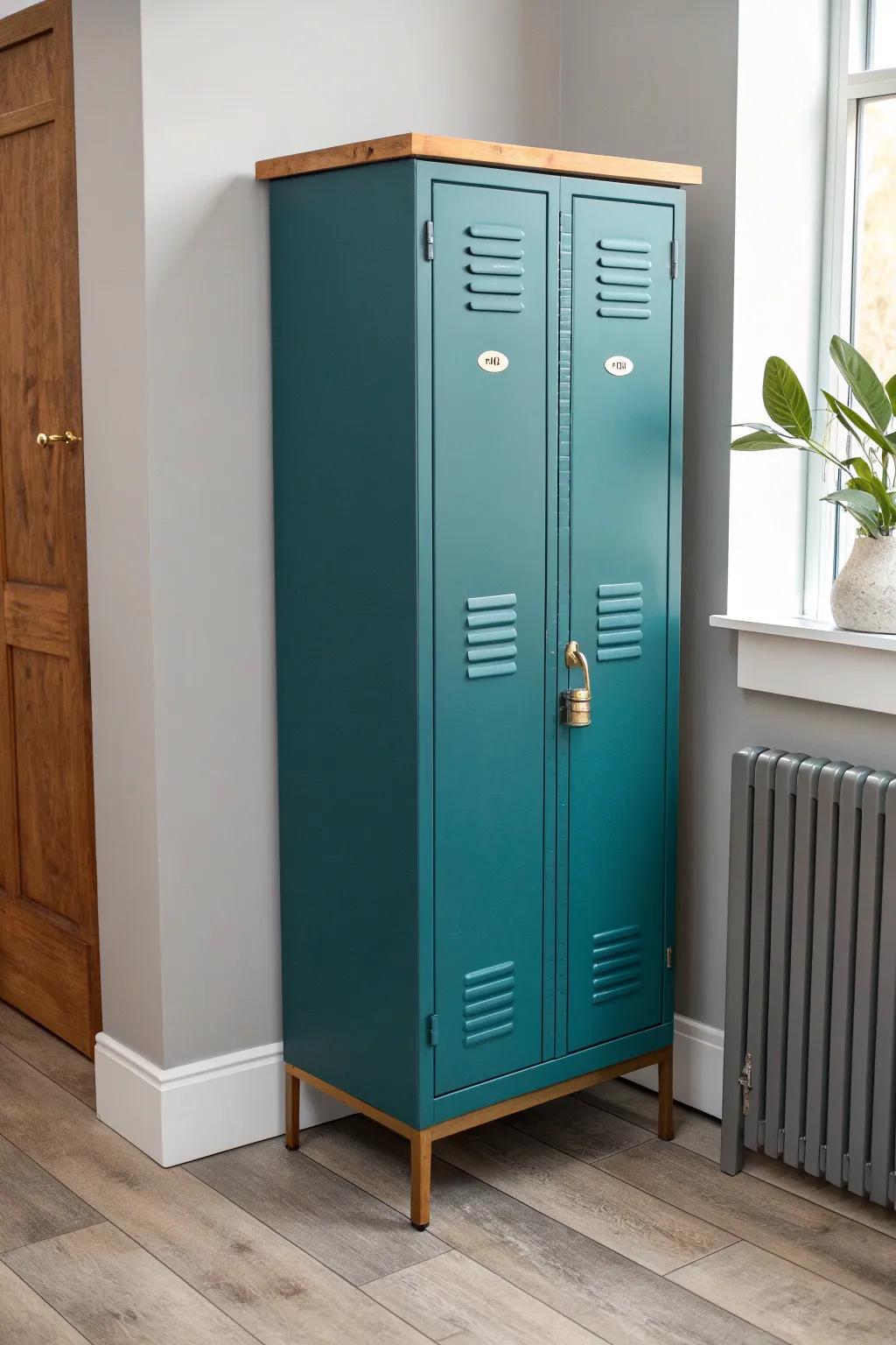Vintage locker with an oak top—clean, bold storage for shoes, gloves, and gym essentials.
