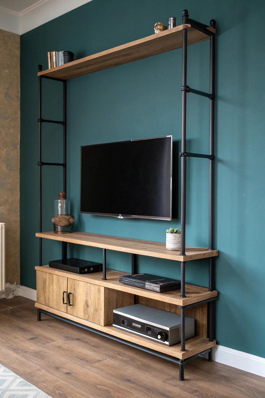 Black pipe + light oak TV frame wall—Scandi minimalism with a bold industrial, crafted look.