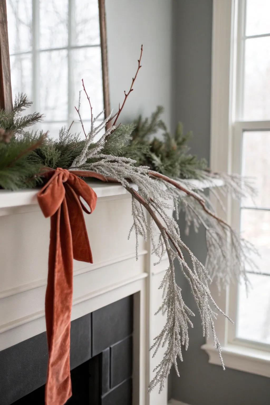 Frosted branch garland brings snowy woodland charm to a clean Scandinavian mantel.