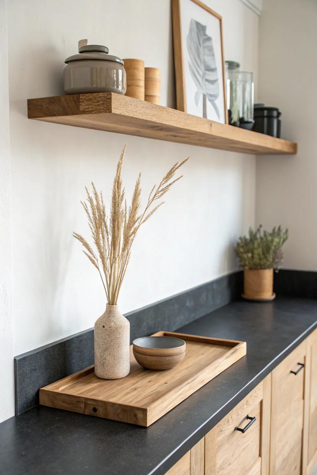Slim maple open shelf over black countertops—an airy break from heavy upper cabinets.