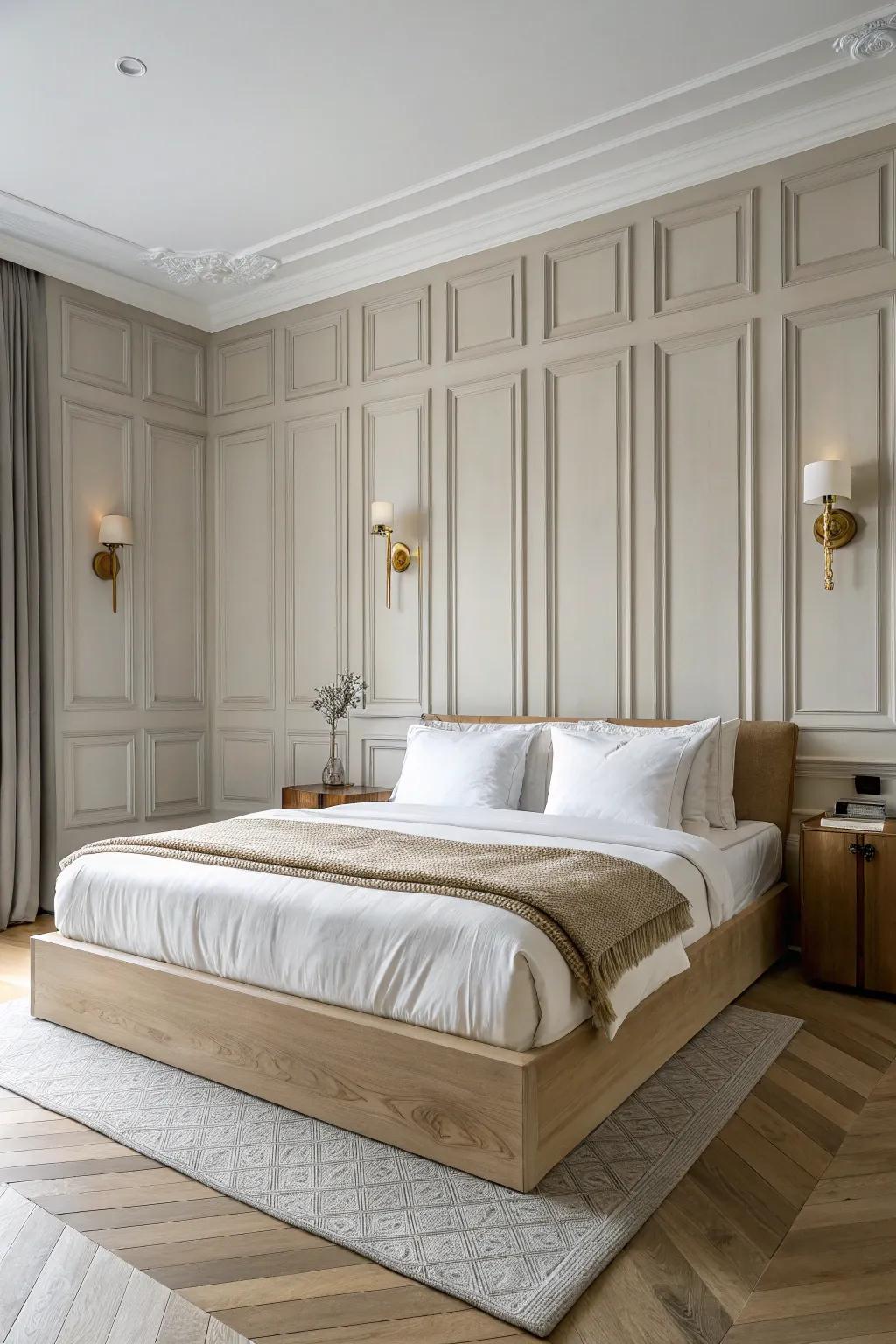 Symmetrical wall molding with sconce backplates for a balanced, boutique master bedroom look.