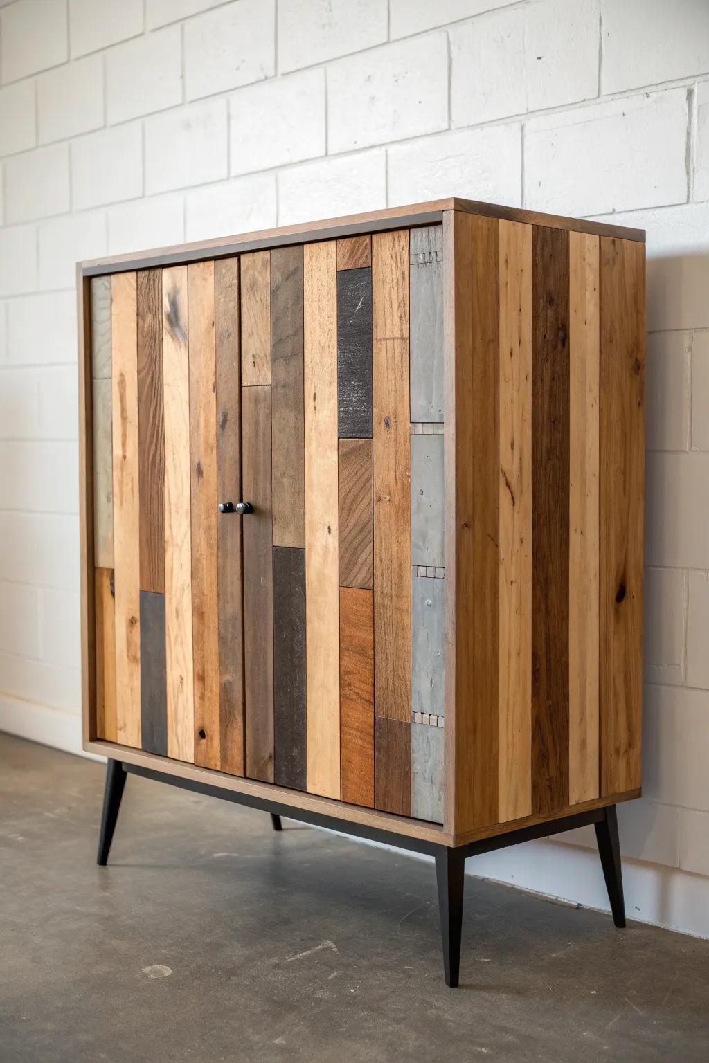 Reclaimed patchwork doors turn a simple media cabinet into a warm, collected statement piece.