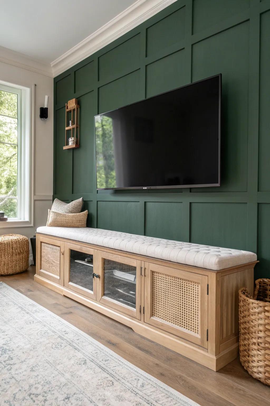 A wall-to-wall oak storage bench hides media clutter and adds extra seating—clean, calm, crafted.