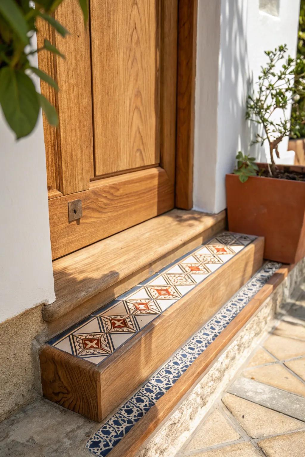 Terracotta meets timber: a tile-inset threshold that adds Mediterranean warmth in one step.