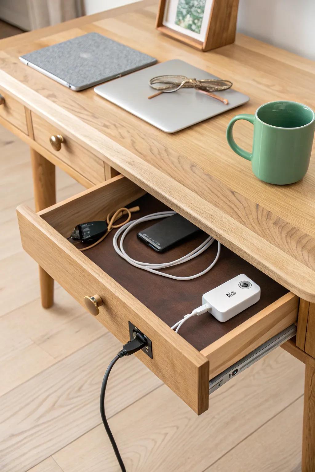 A hidden tech drawer keeps chargers tucked away—clean desktop, calm focus, crafted in oak.