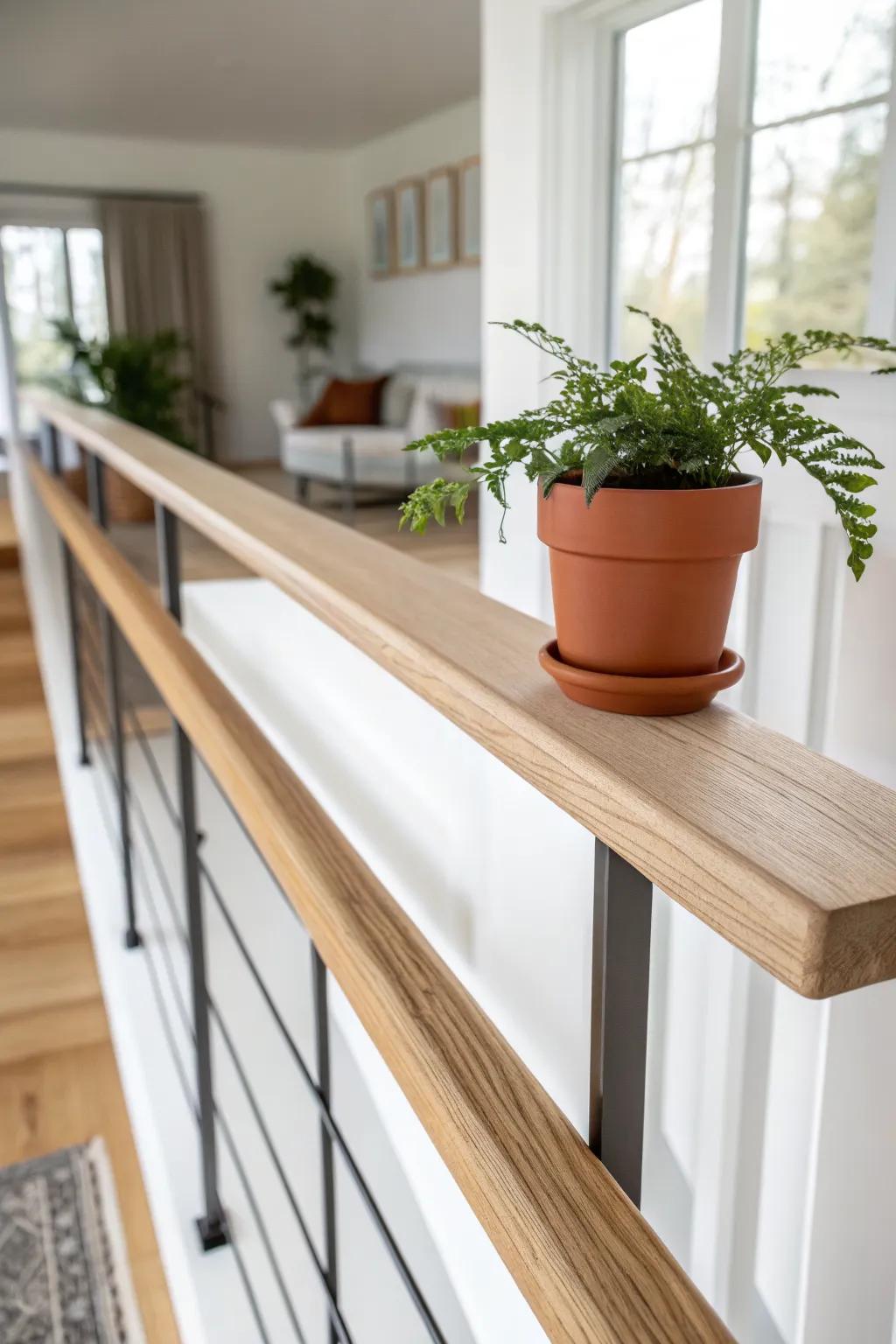 A wide wood cap rail becomes a chic ledge—perfect for one plant and a lived-in mezzanine vibe.