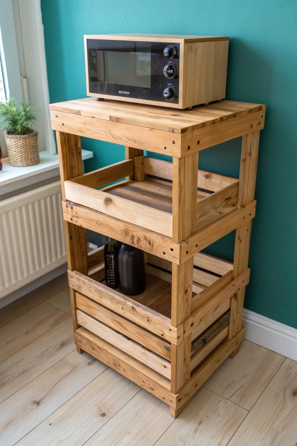 Stacked wooden crates + a thick top board: the easiest rustic-chic microwave stand idea.
