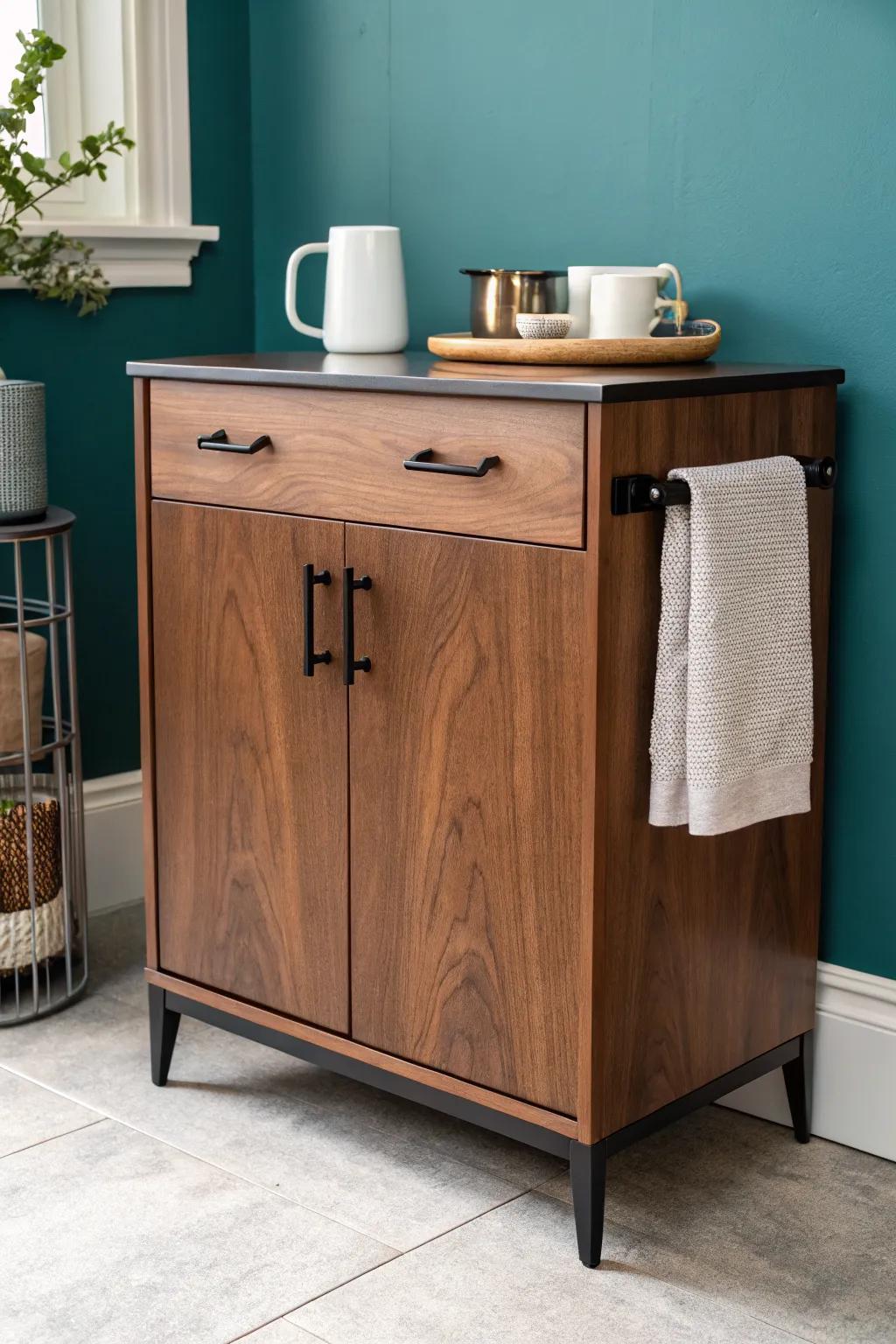 Walnut warmth + matte black hardware: a sleek mid-century coffee bar that feels instantly polished.