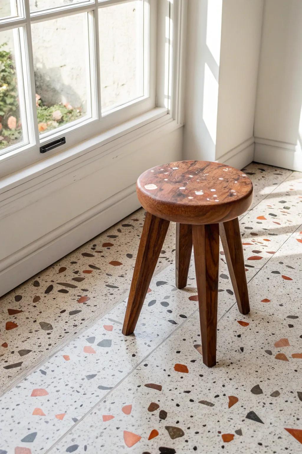 Walnut stool on terrazzo-inspired speckle flooring—playful mid-century energy, clean and chic.