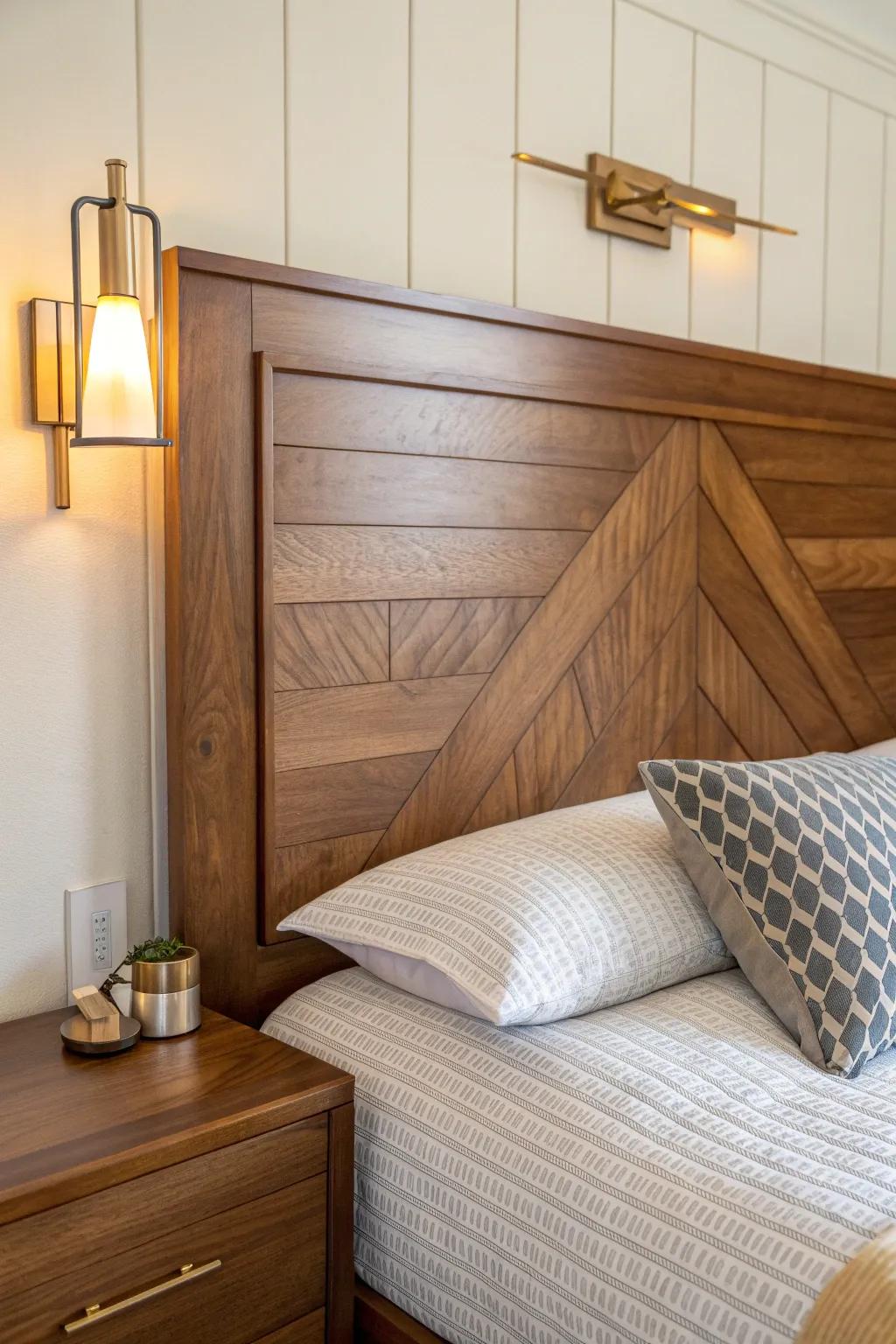 Wall-sconce winged walnut headboard—mid-century style with tidy hidden wiring.