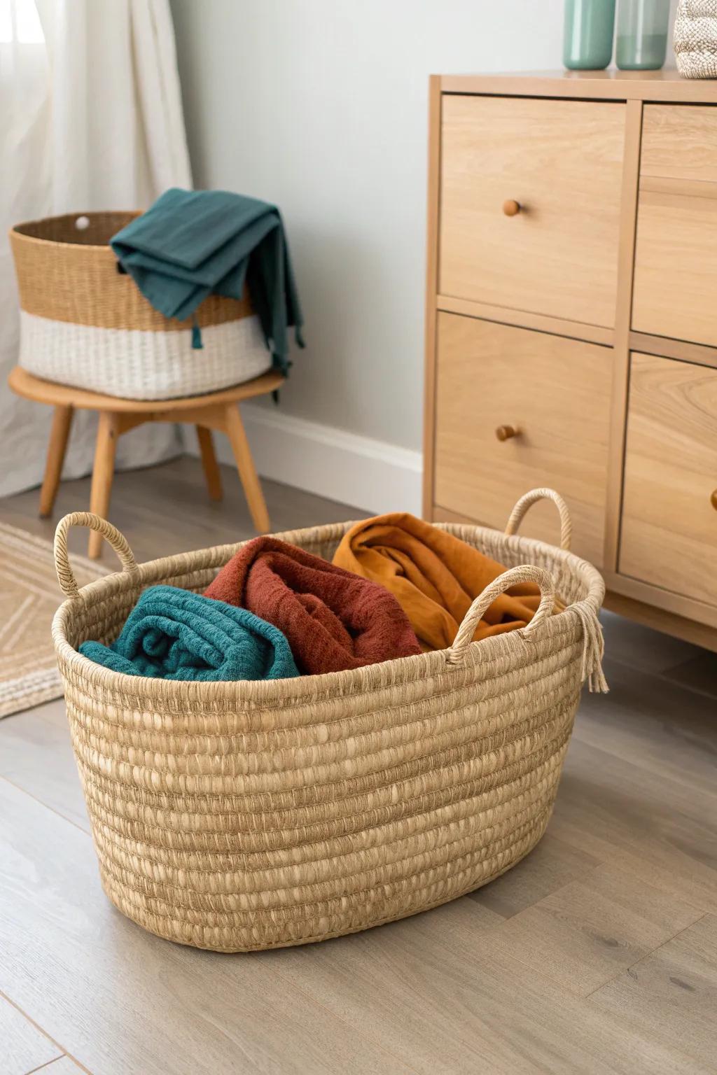 Woven basket warmth meets mid-century wood—stylish storage that hides nursery chaos.
