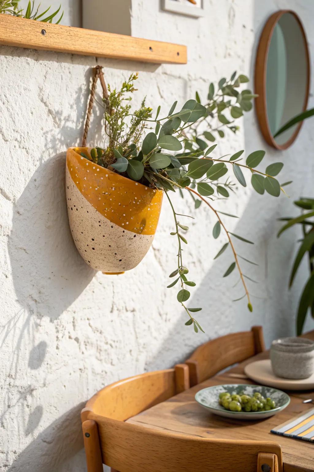 Sculptural ceramic wall pocket + fresh greenery—an easy mid-century moment above warm teak.