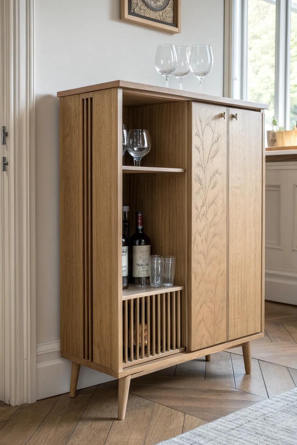Slim hallway bar console: tall bottle storage below, shallow glass shelf above—stylish and safe.