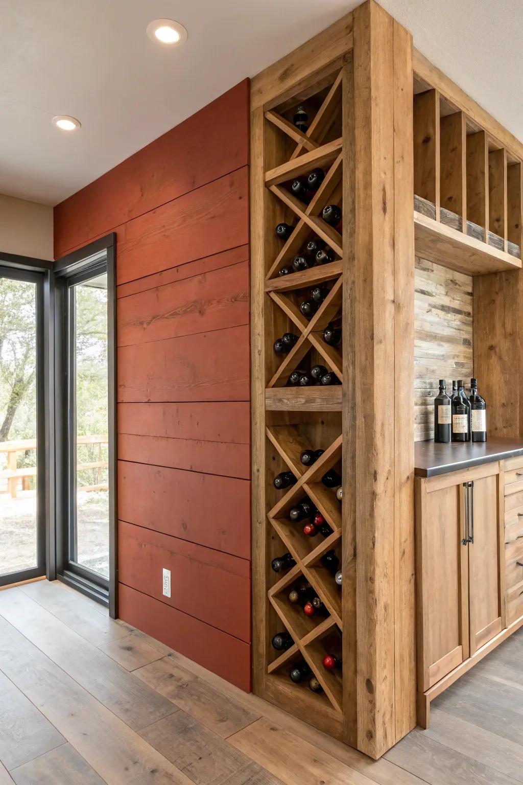 Warm wood-grain wine cubbies turn a small wall into a chic, built-in mini bar moment.