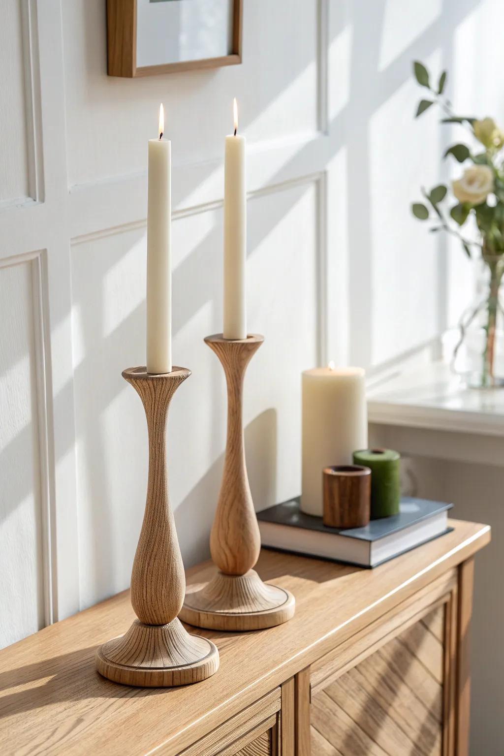 A serene pair of slim wooden candlesticks—clean lines, soft neutrals, and crafted calm.