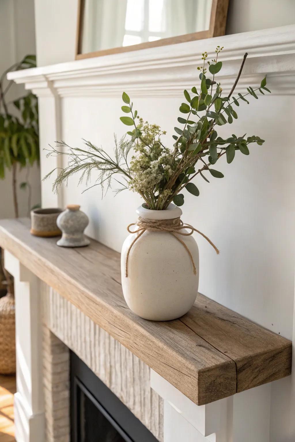 One seasonal cue is enough: evergreen clippings in a simple vase on a pale oak mantel.