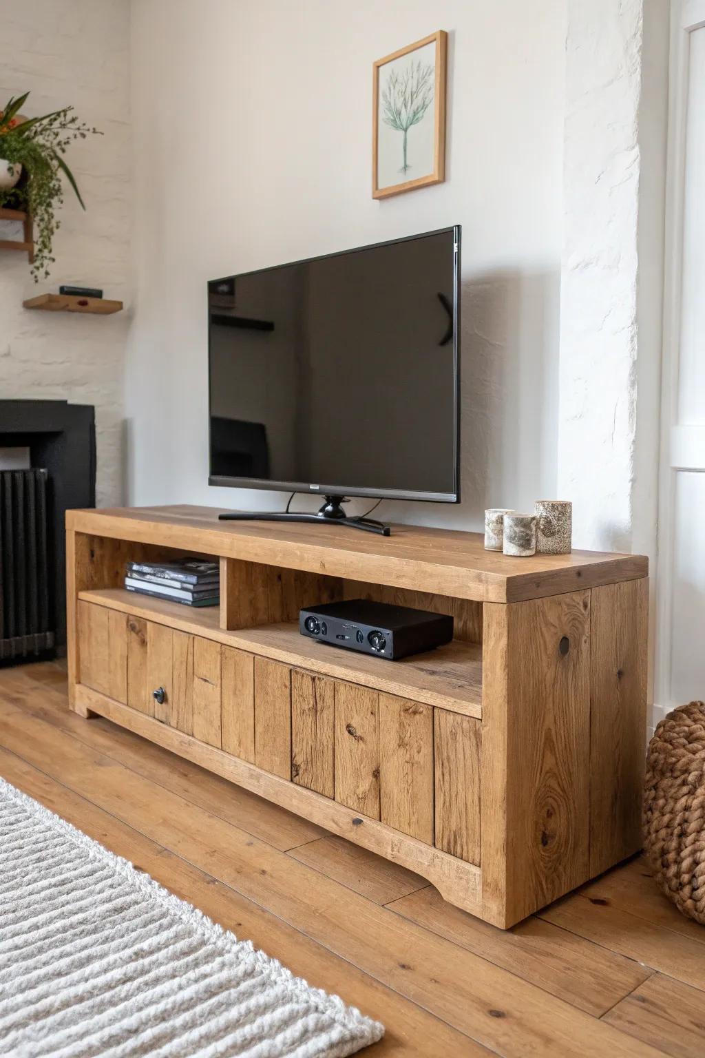Reclaimed wood, clean lines—minimalist TV stand that lets texture do the talking.