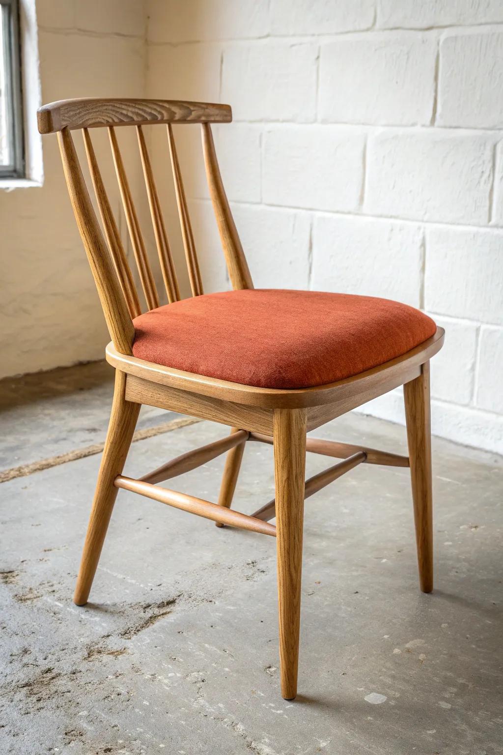 Keep it chic: one bold upholstered seat + clean oak frame makes mixed chair styles feel calm.