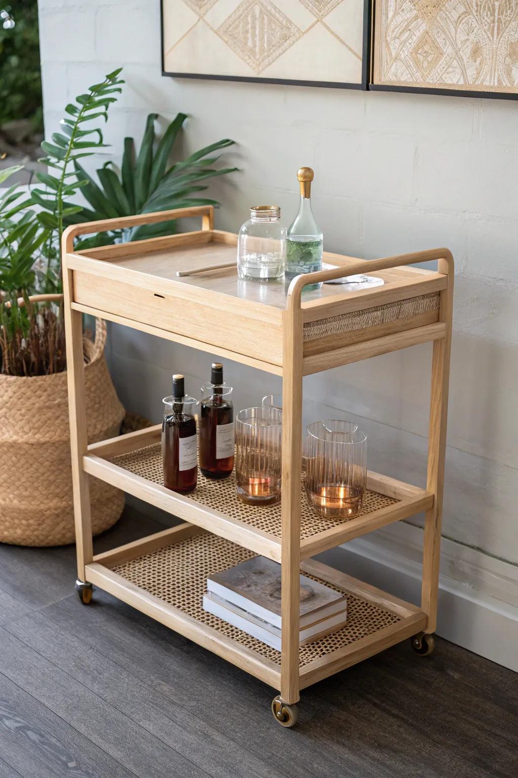 Hidden LED under-shelf lighting makes this minimalist oak mobile bar cart glow and feel weightless.