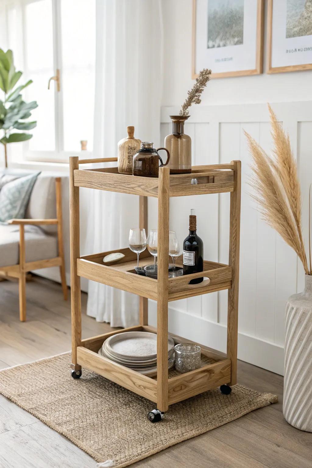 Corner-wrap mobile bar: two rolling pieces that lock into an L-shape for easy party flow.