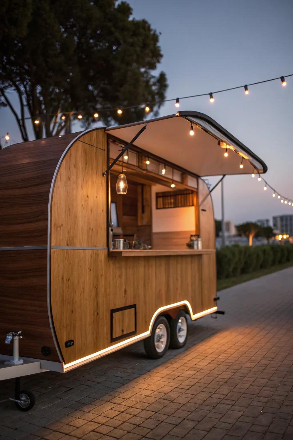 Soft under-counter LEDs + warm string lights turn a wood bar trailer into a dusk-time beacon.