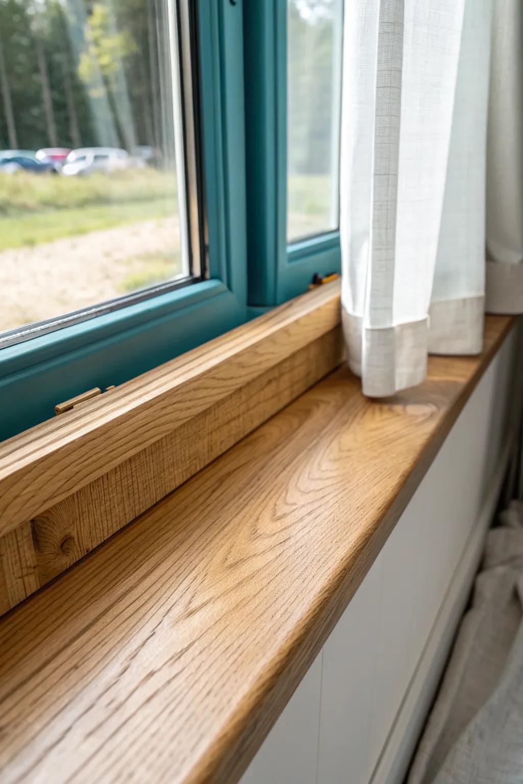 A wide real-wood window apron adds farmhouse weight—warm grain, clean lines, big impact.