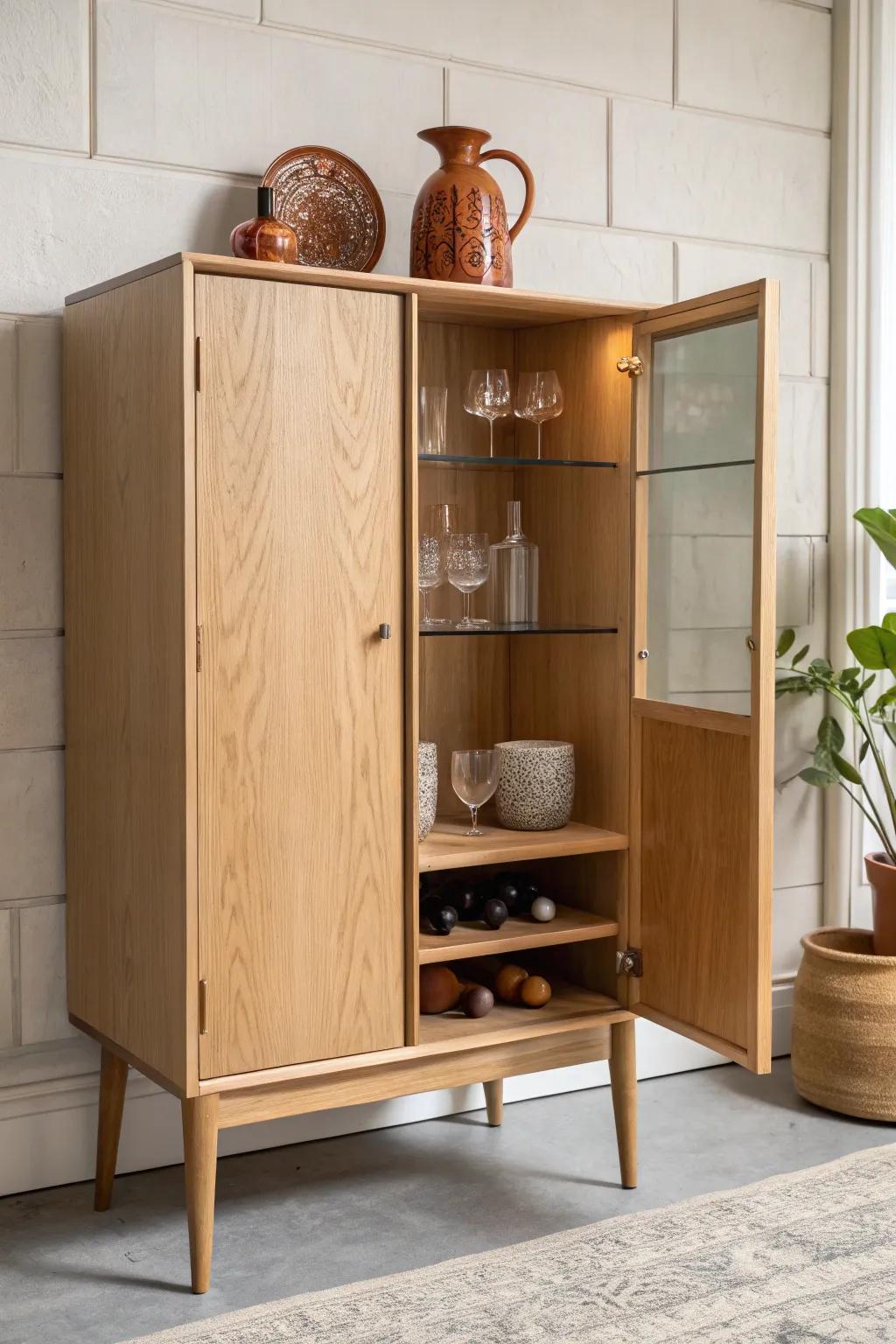Clean oak bar cabinet with mirrored back—doubles light, adds depth, feels instantly modern.