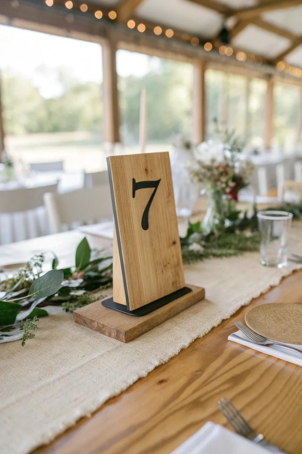 Modern barn wedding table numbers: warm oak + matte black metal for a sleek rustic edge.
