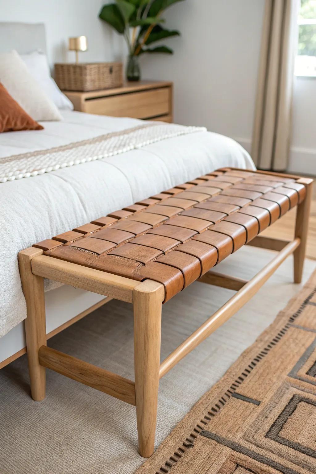 Sleek oak bench with woven leather straps—modern, handcrafted, and perfect at the bed’s foot.