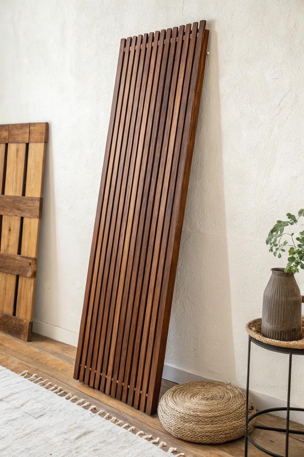 Cocoa-stained wood slat wall: clean vertical lines that warm up a modern brown living room.