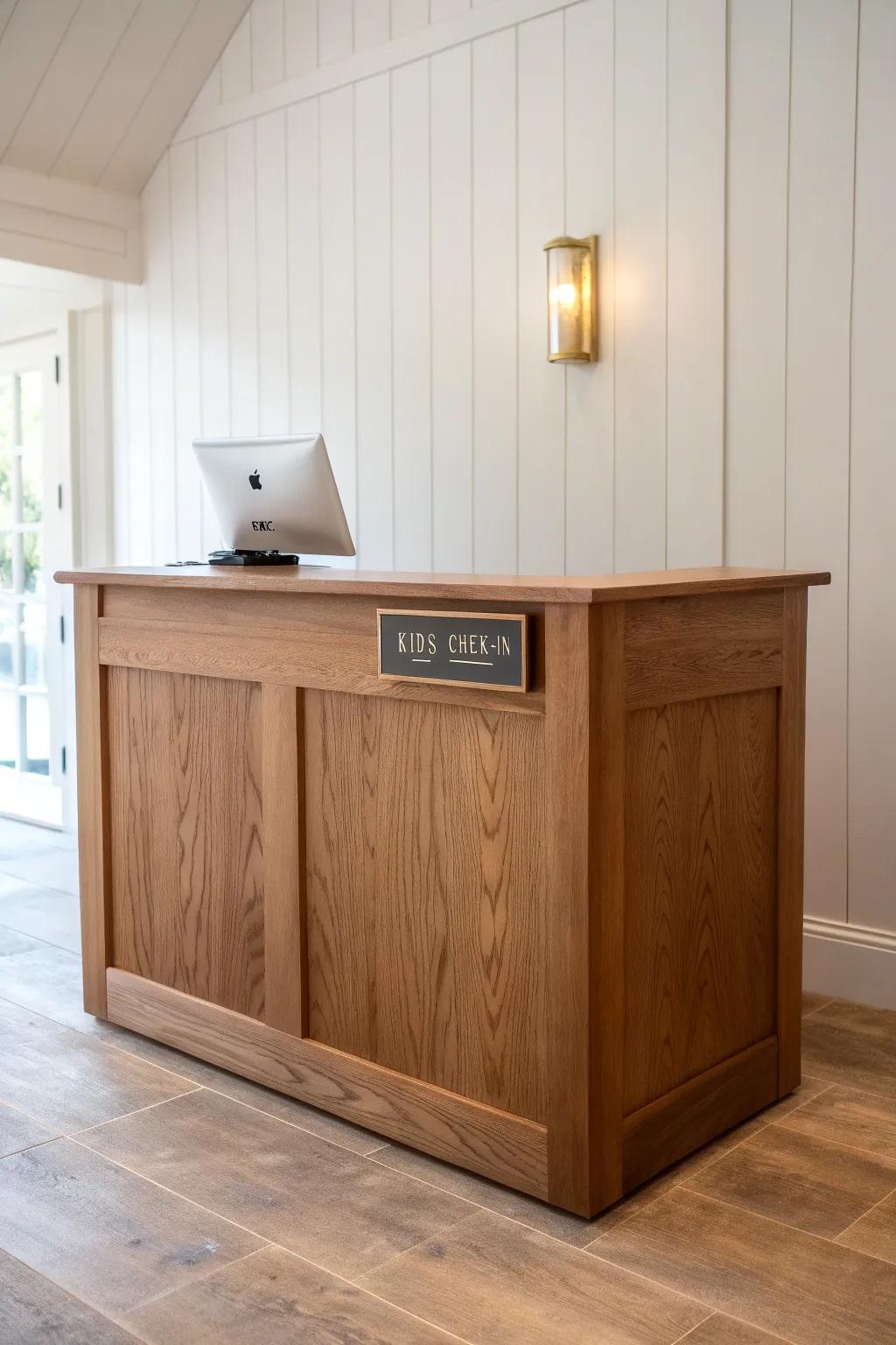 A kids check-in counter in the same warm stain—crafted to blend seamlessly into a modern foyer.