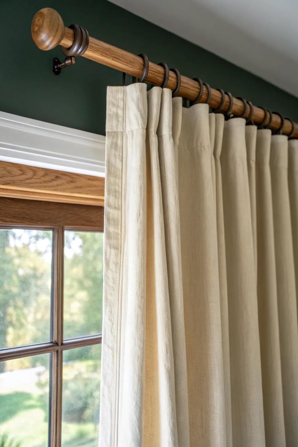 Hang panels high on a crafted oak rod—full, simple curtains that feel instantly modern classic.