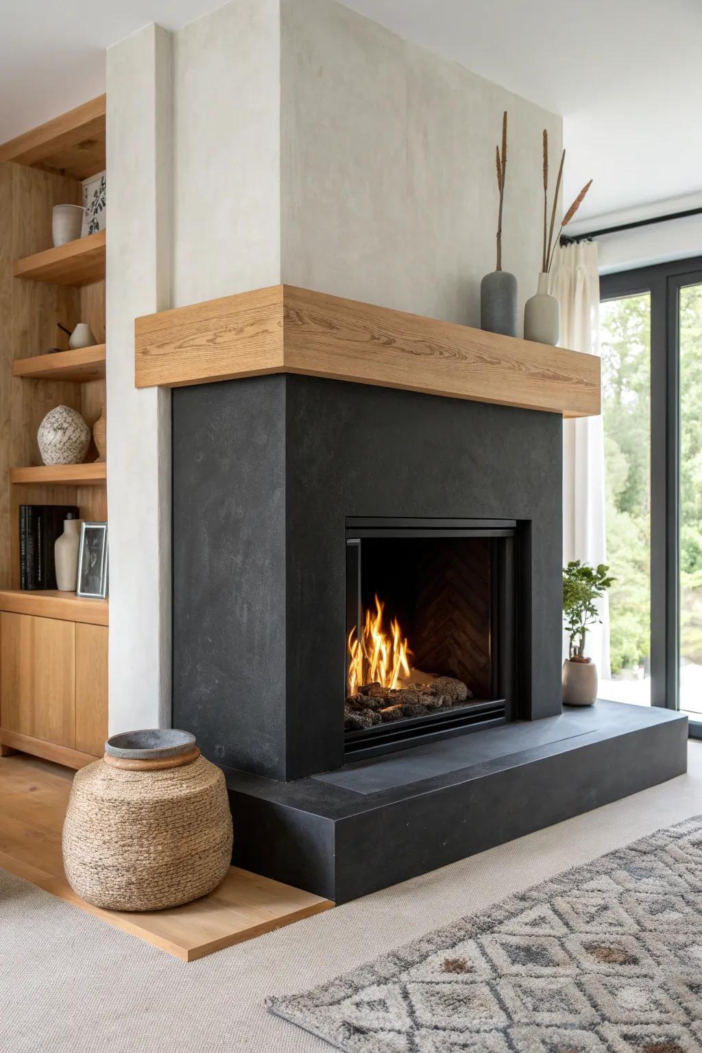 Matte black corner surround + light oak mantel—an instant modern anchor with cozy warmth.