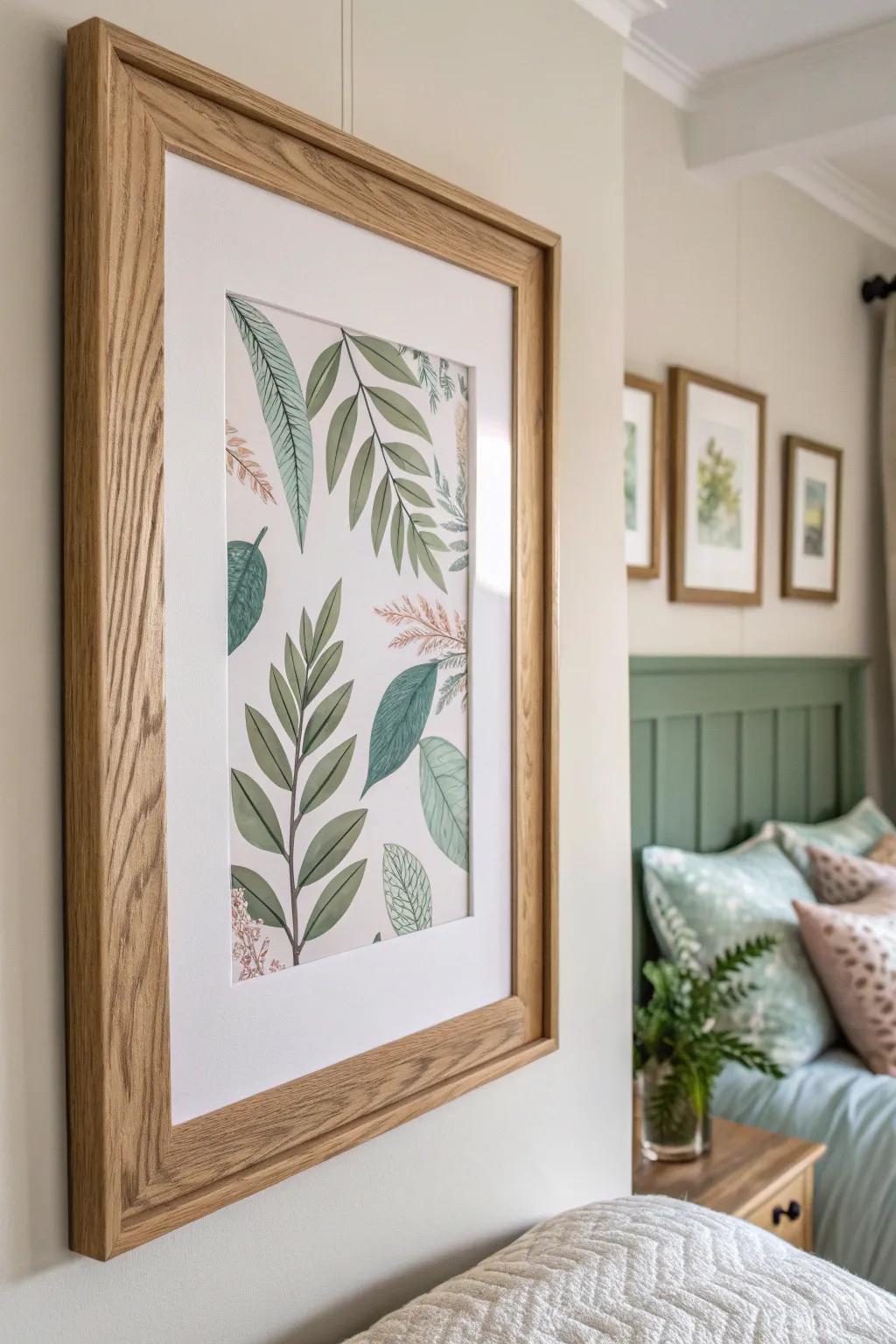 Cottage calm, modern edge: botanical print in a thin wood frame for soft, cohesive walls.