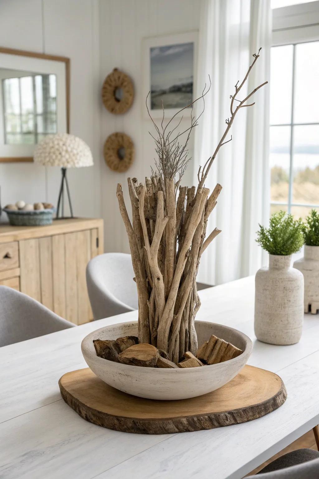 Driftwood turned into modern sculpture—natural texture that steals the spotlight at dinner.