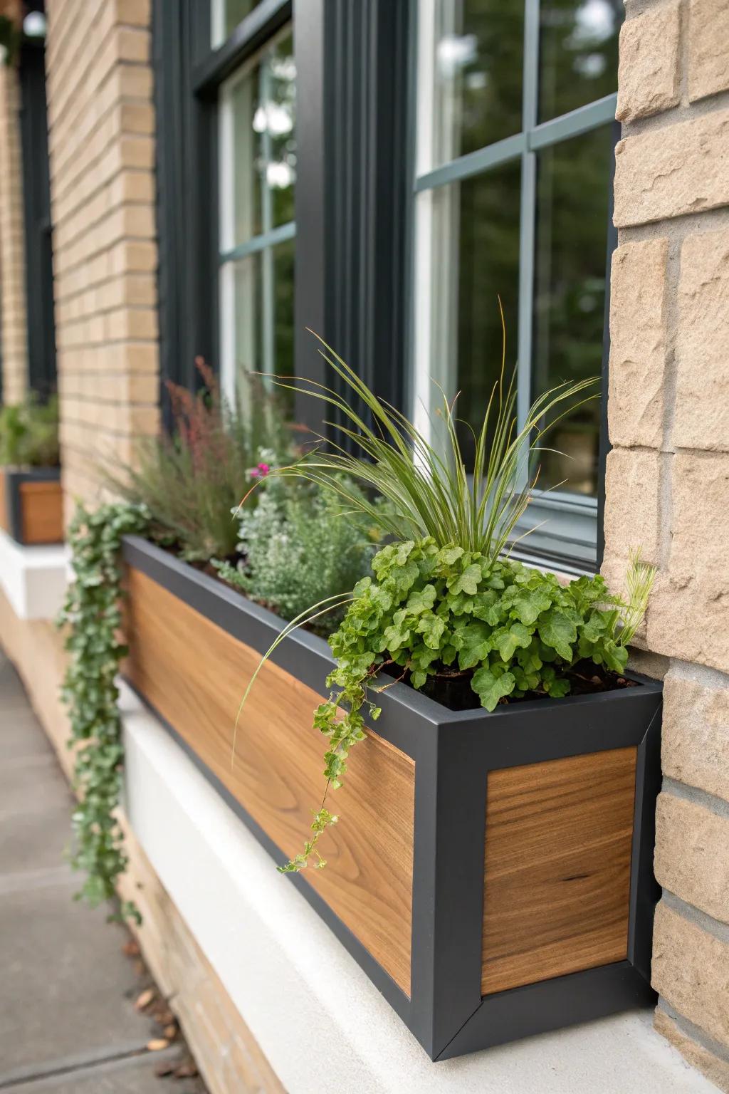 Boxy window box + bold trim: a clean modern exterior moment with warm wood contrast.