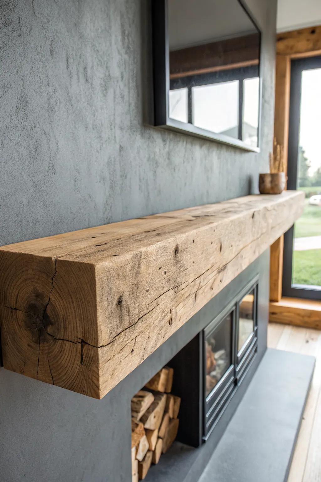 Chunky reclaimed-wood floating mantel—clean lines, saw-mark texture, modern farmhouse contrast.
