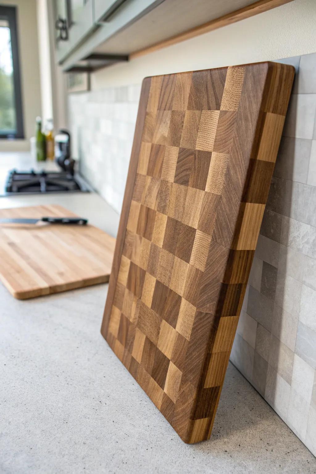 Quiet checker beauty: oiled end-grain butcher block adds depth and modern farmhouse warmth.