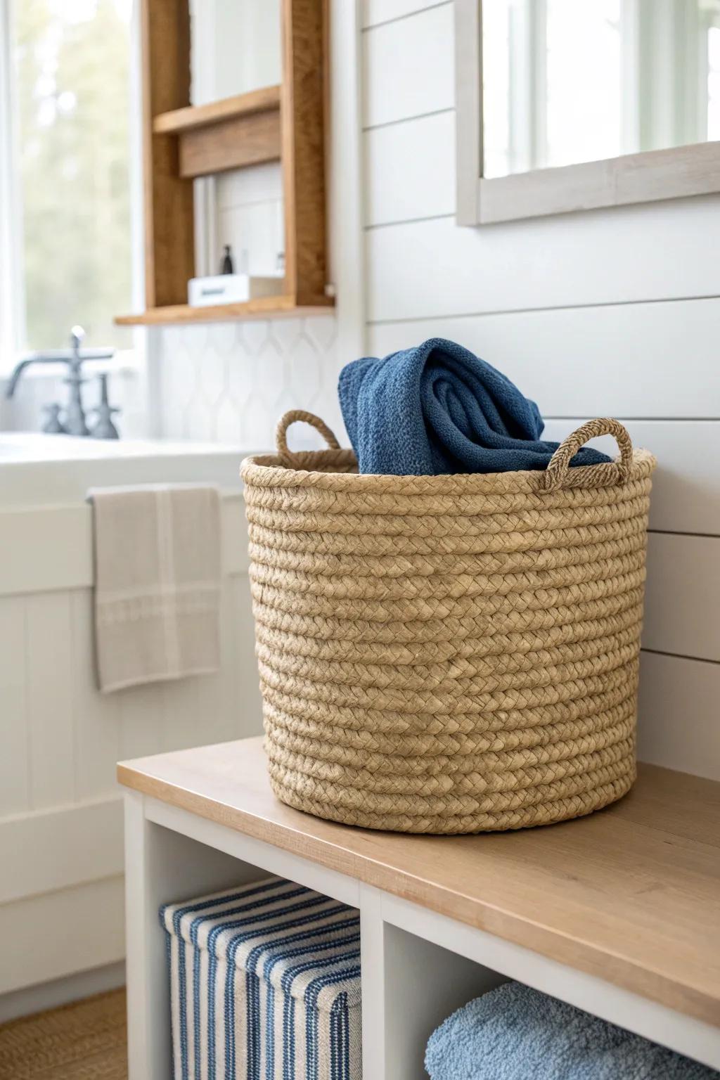 A woven basket under open shelving—farmhouse storage that feels curated, not cluttered.