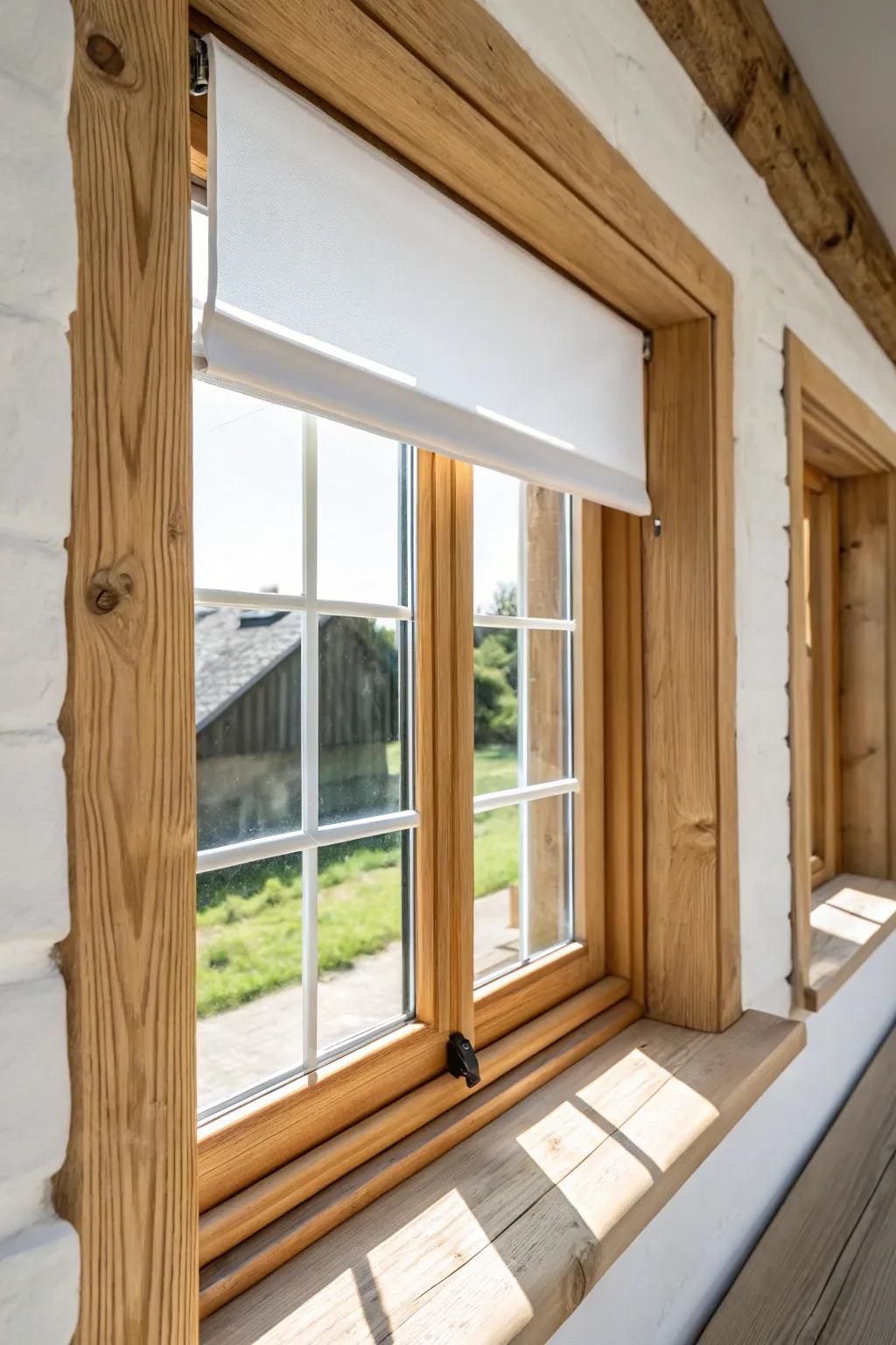 Minimal roller shade tucked behind linen drapes—clean glare control with modern farmhouse warmth.