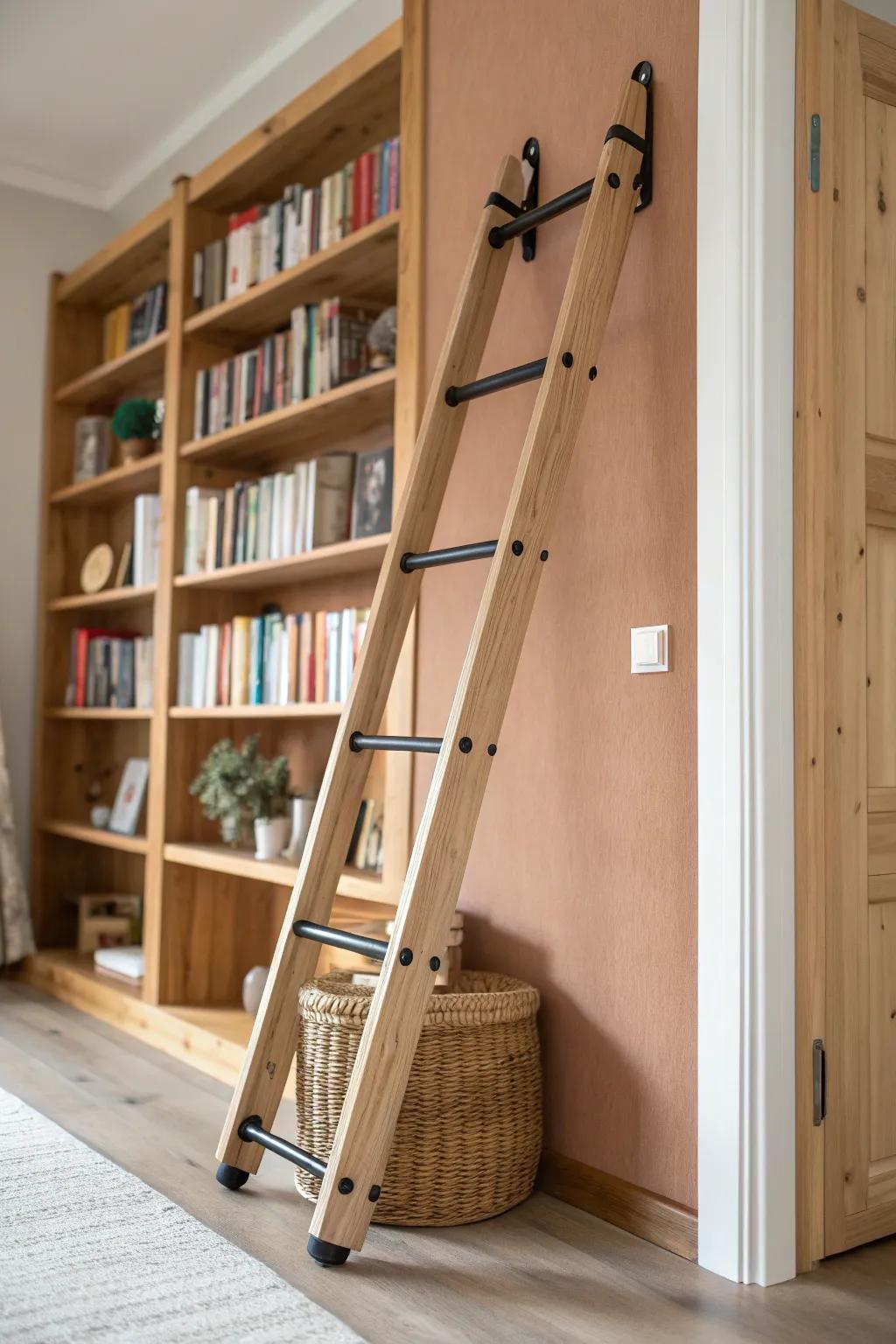 A rolling ladder turns tall shelves into a statement—minimal, bold contrast, and beautifully crafted.