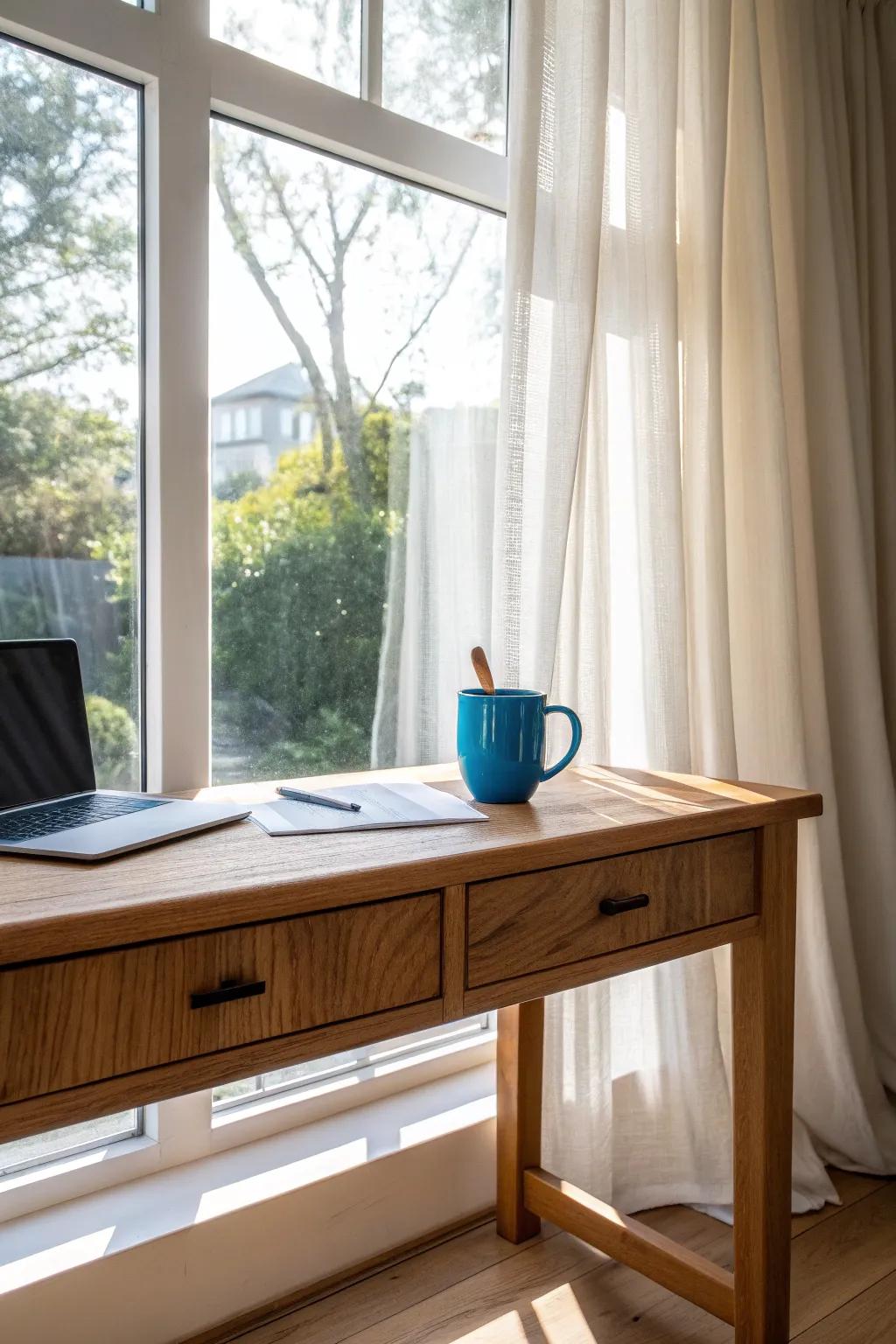 A window-facing wood desk that soaks up natural light—minimal, warm, and beautifully crafted.