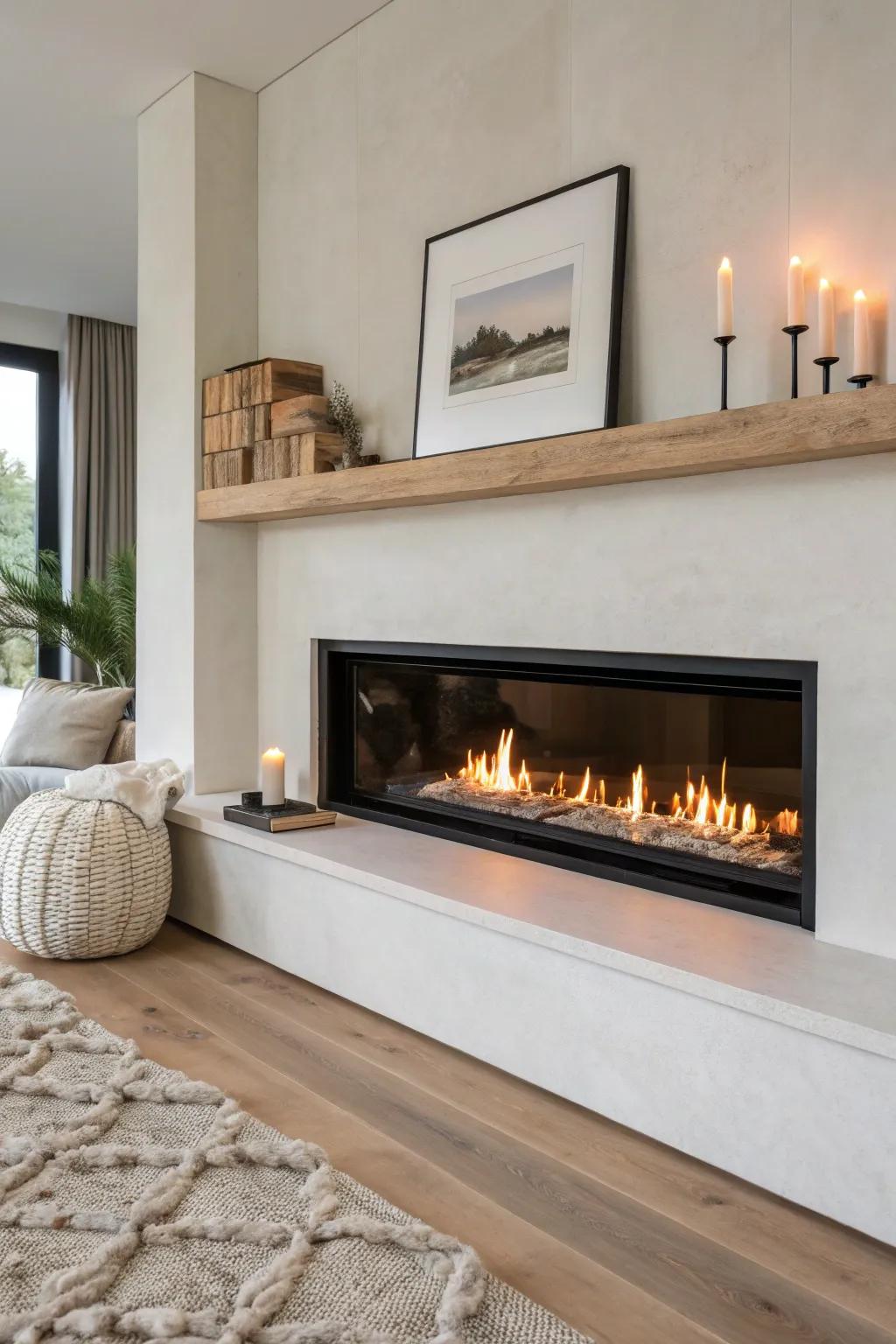 A slim oak ledge and linear flame add modern bedroom luxury—calm, warm, and minimal.